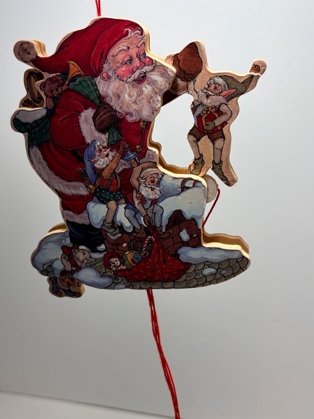 Vintage Wooden Pull String Christmas Ornament Santa and his Elves 1990s